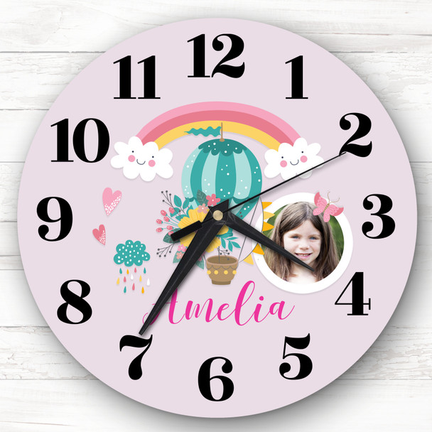 Hot Air Balloon Rainbow Photo Girl Pink Personalised Gift Personalised Clock