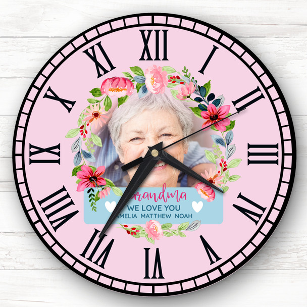 Pink Blue Grandma Photo Flower Wreath Personalised Gift Personalised Clock