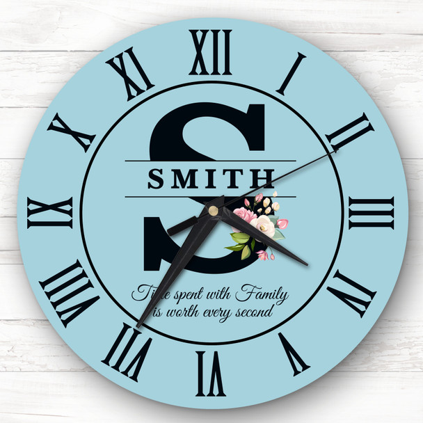 Blue Floral Family Name Any Initial Personalised Gift Personalised Clock