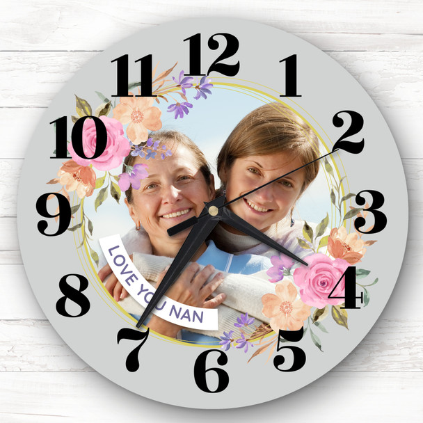 Grey Nan Pink Flower Wreath Photo Personalised Gift Personalised Clock