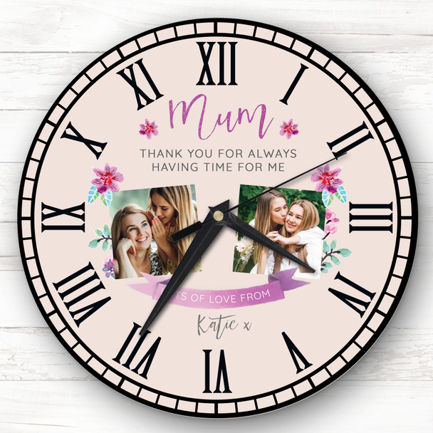 Mum Photo Banner Flowers Neutral Personalised Gift Personalised Clock