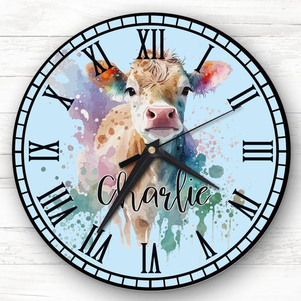 Cow Blue Colourful Watercolour Personalised Gift Personalised Clock