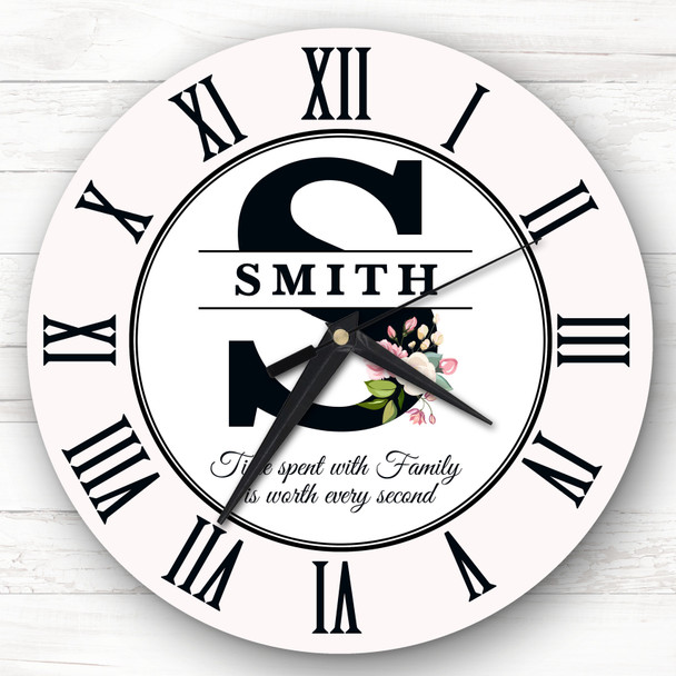 Floral Family Initial Pink Personalised Gift Personalised Clock