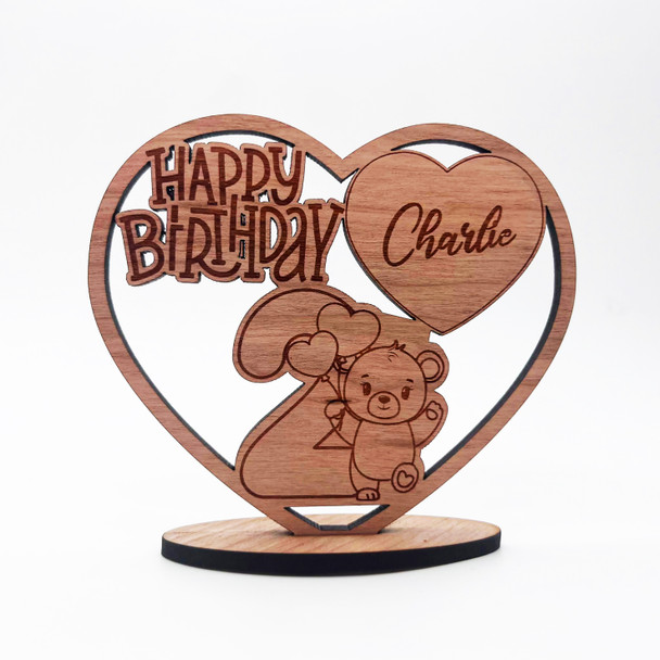 Wood Kids Teddy Bear 2nd Happy Birthday Heart Keepsake Personalised Gift