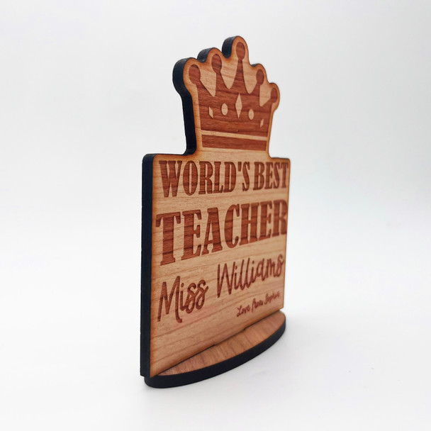 Engraved Wood Thank You World's Best Teacher Crown Keepsake Personalised Gift