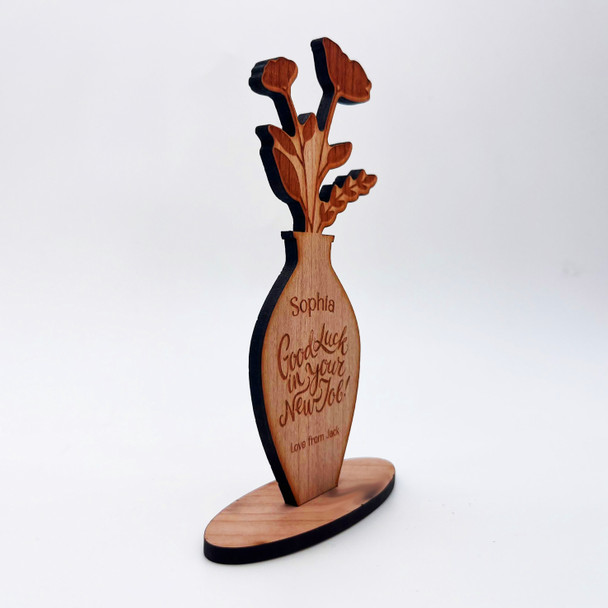 Engraved Wood Good Luck In Your New Job Flowers Keepsake Personalised Gift