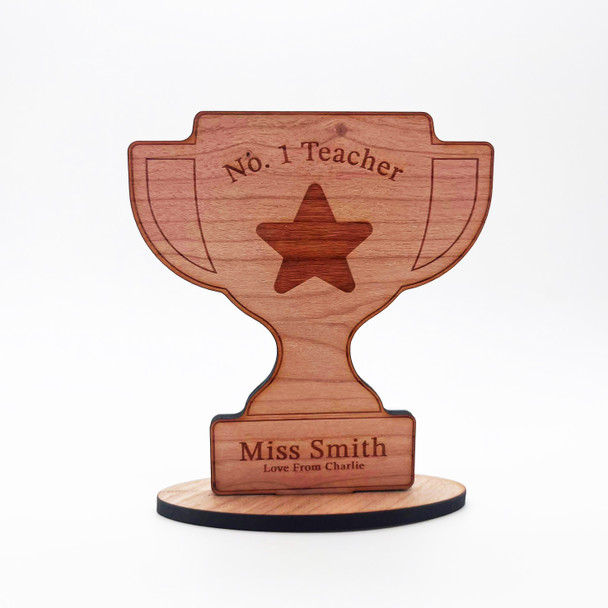 Engraved Wood No.1 Teacher Trophy Cup Thank You Keepsake Personalised Gift