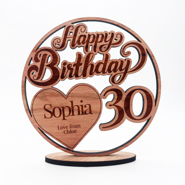 Engraved Wood 30th Happy Birthday Milestone Age Heart Keepsake Personalised Gift