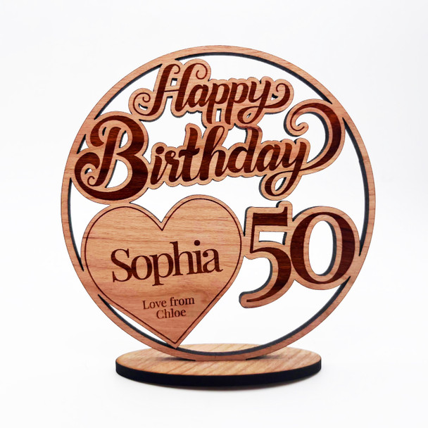 Engraved Wood 50th Happy Birthday Milestone Age Heart Keepsake Personalised Gift