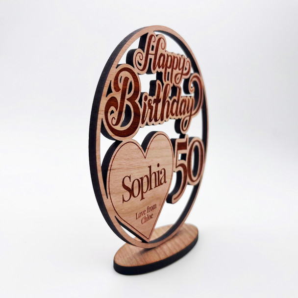 Engraved Wood 50th Happy Birthday Milestone Age Heart Keepsake Personalised Gift