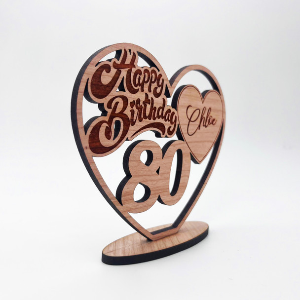 Engraved Wood 80th Happy Birthday Heart Milestone Age Keepsake Personalised Gift