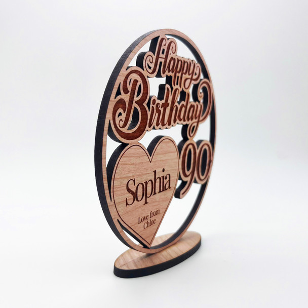 Engraved Wood 90th Happy Birthday Milestone Age Heart Keepsake Personalised Gift