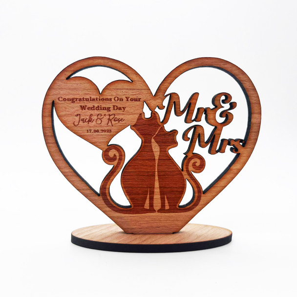 Engraved Wood Wedding Day Cats Congratulations Heart Keepsake Personalised Gift