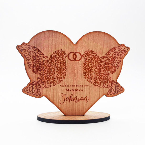 Wood On Your Wedding Day Two Doves With Rings Heart Keepsake Personalised Gift