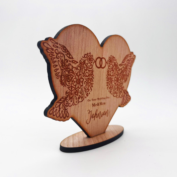 Wood On Your Wedding Day Two Doves With Rings Heart Keepsake Personalised Gift
