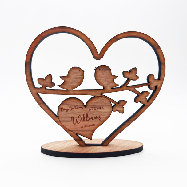 Wood Love Birds Heart Wedding Day Congratulations Keepsake Personalised Gift