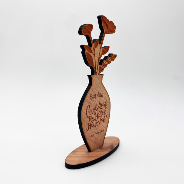 Engraved Wood Good Luck In Your New Job Vase Flowers Keepsake Personalised Gift