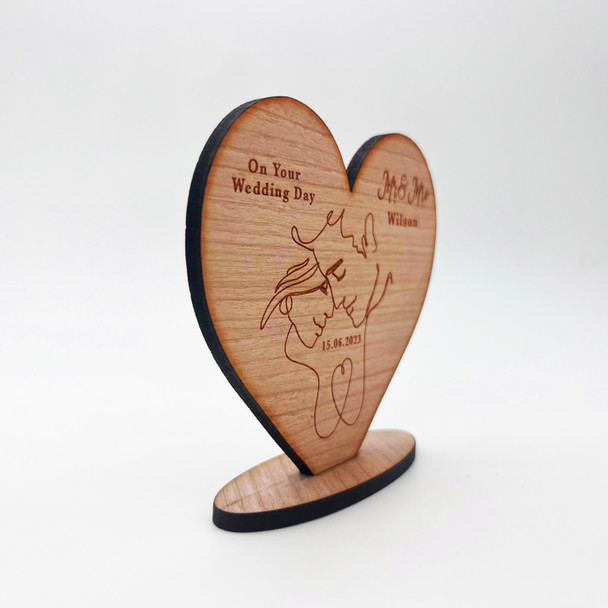 Wood On Your Wedding Day Linear Art Couple Heart Keepsake Personalised Gift