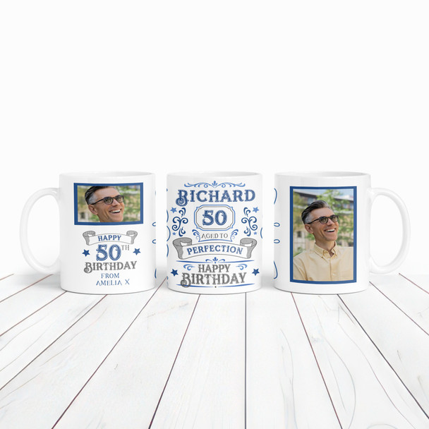 50th Birthday Gift Aged To Perfection Blue Photo Tea Coffee Personalised Mug