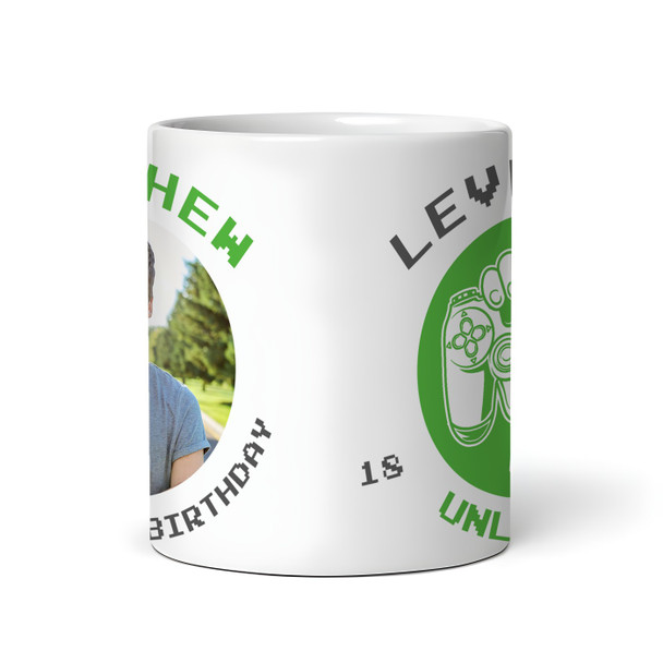 18th Birthday Photo Gift For Teenage Boy Green Gaming Level Up Personalised Mug