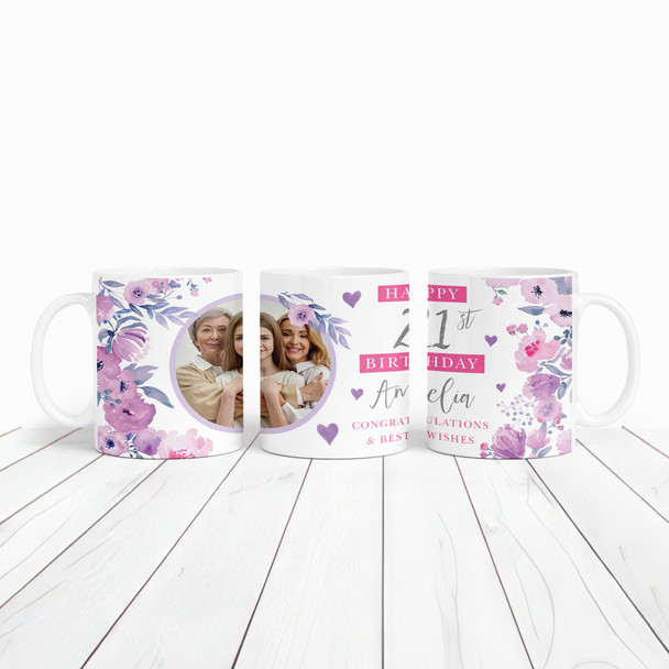 21st Birthday Gift For Her Purple Flower Photo Tea Coffee Cup Personalised Mug