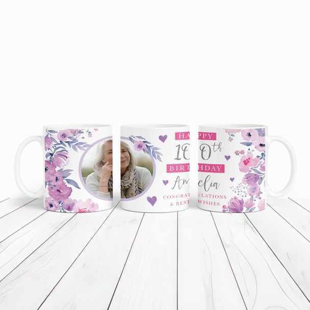 100th Birthday Gift For Her Purple Flower Photo Tea Coffee Cup Personalised Mug