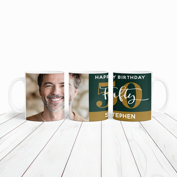 50th Birthday Photo Gift For Him Green Gold Tea Coffee Cup Personalised Mug