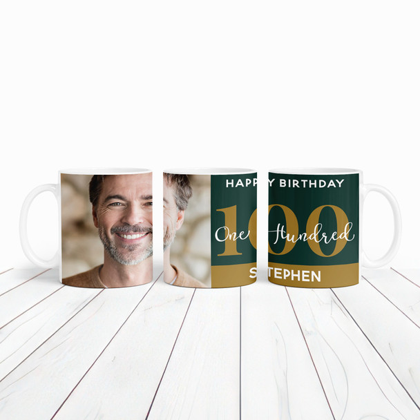 100th Birthday Photo Gift For Him Green Gold Tea Coffee Cup Personalised Mug