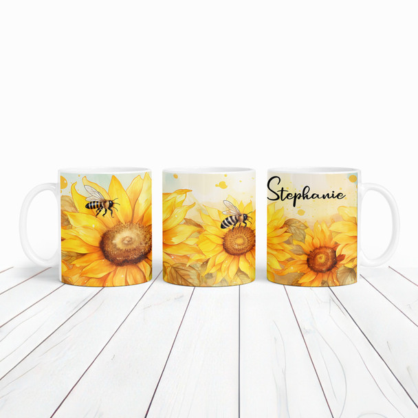 Pretty Yellow Sunflowers & Bees Name Tea Coffee Cup Custom Gift Personalised Mug