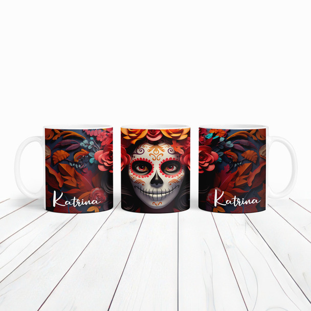 Catrina Day Of The Dead Name Orange Floral Tea Coffee Cup Gift Personalised Mug