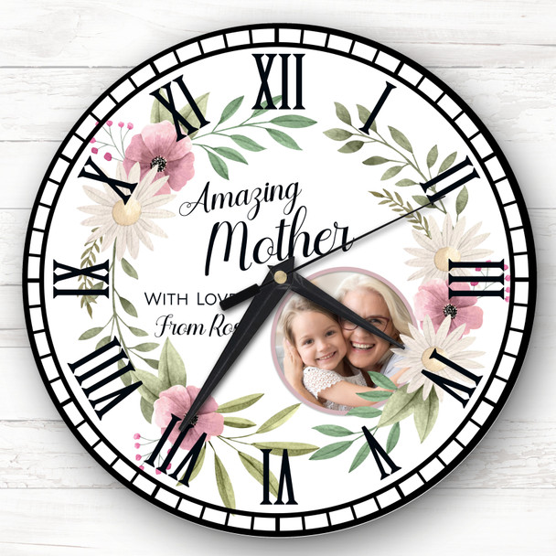 Amazing Mother Floral Round Photo Mother's Day Birthday Gift Personalised Clock