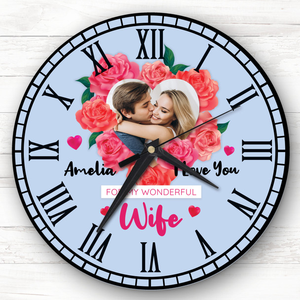 Wife I Love You Photo Valentine's Day Gift Anniversary Blue Personalised Clock