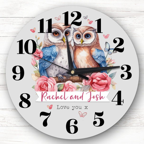 Owl Couple Love Birds Valentine's Day Gift Anniversary Grey Personalised Clock