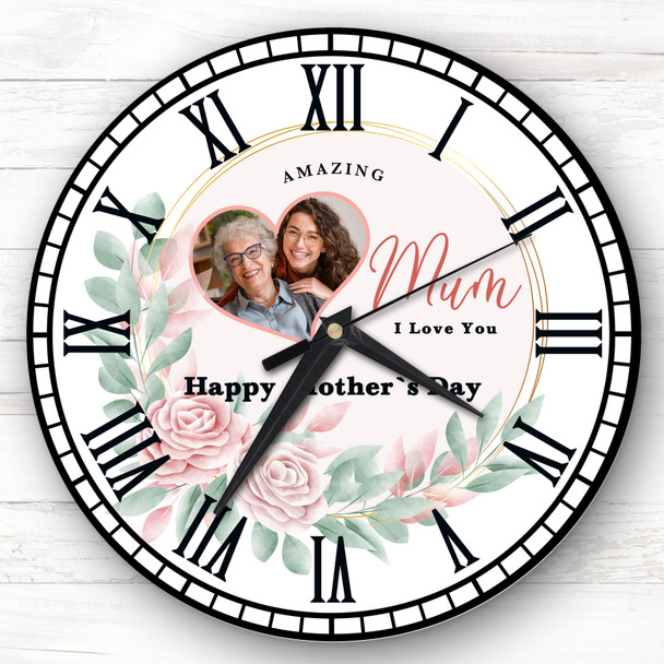 Amazing Mum Pink Floral Heart Photo Mother's Day Gift Personalised Clock