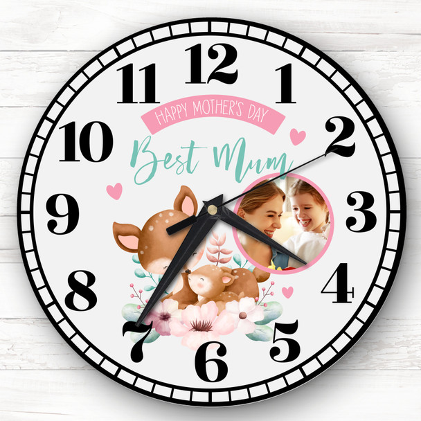 Best Mum Mother's Day Gift Deer Photo Grey Personalised Clock