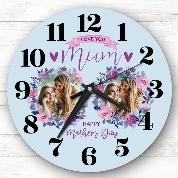 Mum Mother's Day Gift Blue Flower Photos Personalised Clock