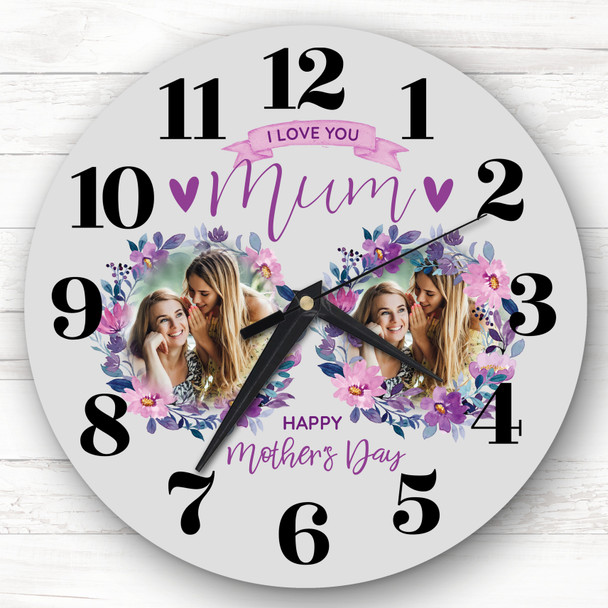 Mum Mother's Day Gift Grey Flower Photos Personalised Clock