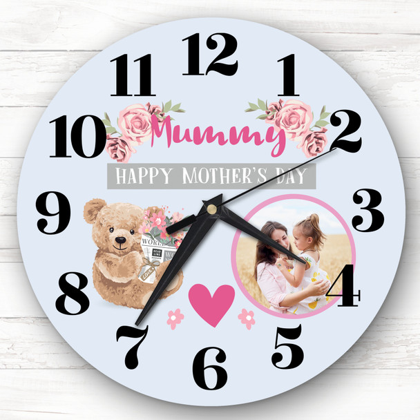 Mummy Mother's Day Gift Bear Photo Blue Personalised Clock