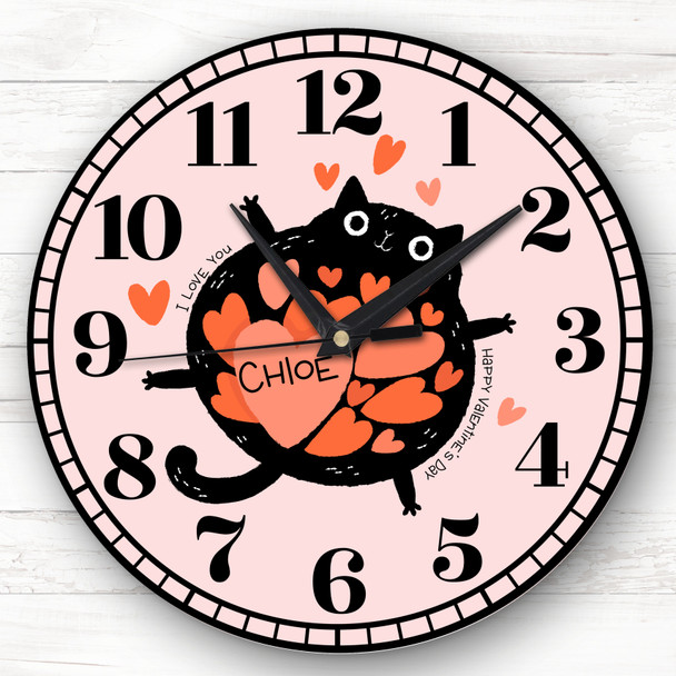 Black Cat Hearts Valentine's Day Gift Personalised Clock