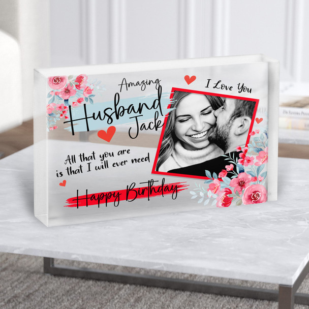 Amazing Husband Red Floral Photo Birthday Gift Personalised Clear Acrylic Block