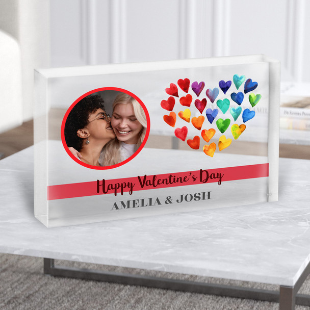Rainbow Heart Photo Gay Lgbtq+ Valentine's Gift Personalised Clear Acrylic Block