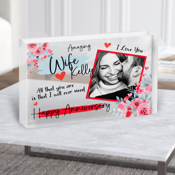 Amazing Wife Red Floral Photo Anniversary Gift Personalised Clear Acrylic Block