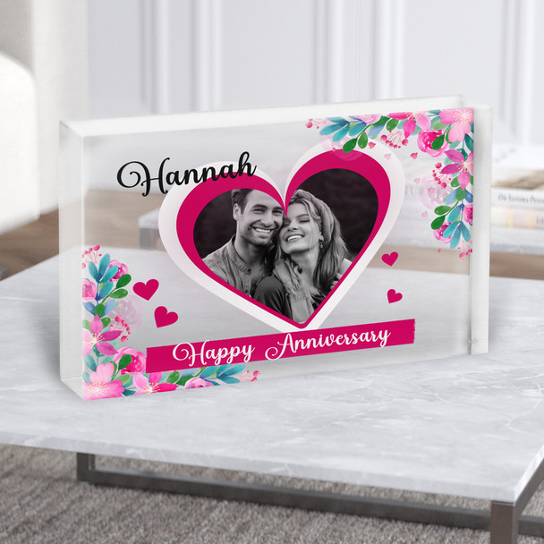 Pink Floral Heart Photo Frame Anniversary Gift Personalised Clear Acrylic Block