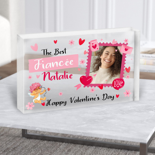 Valentine's Gift For Fiancée Cupid Pink Photo Personalised Clear Acrylic Block