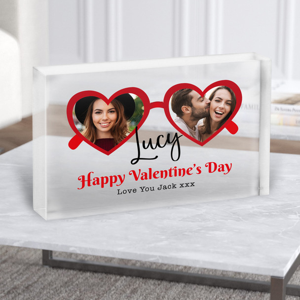Love Hearts Sunglasses Photo Valentine's Gift Personalised Clear Acrylic Block