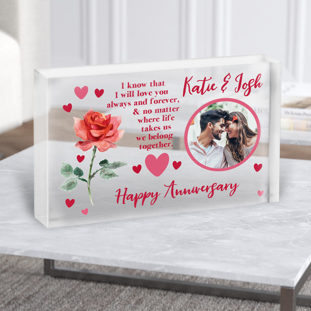 Rose Romantic Photo Happy Anniversary Gift Personalised Clear Acrylic Block
