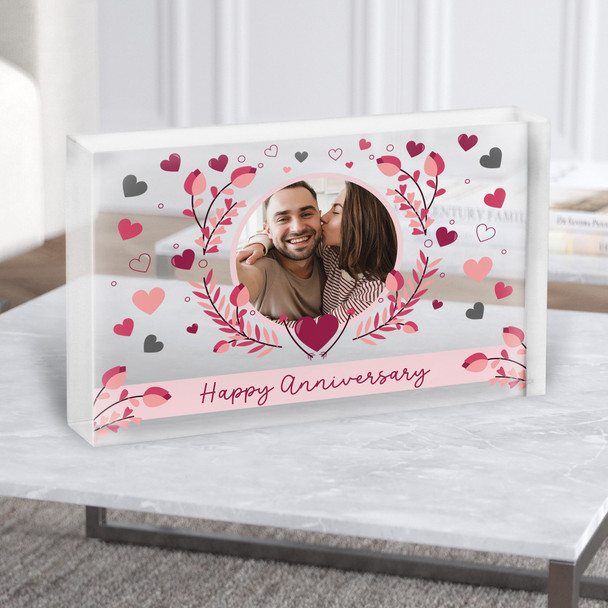 Happy Anniversary Gift Photo Pink Flowers Personalised Clear Acrylic Block