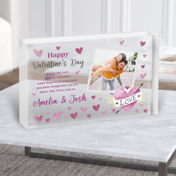 Valentine's Day Gift Purple Heart Photo Personalised Clear Acrylic Block
