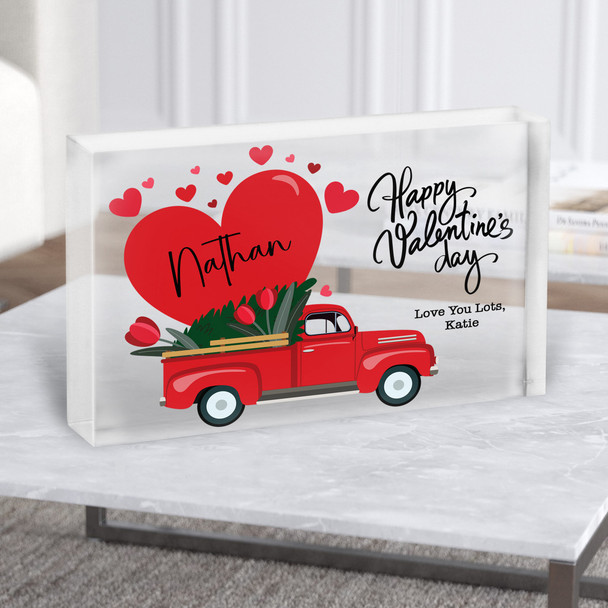 Red Love Truck Valentine's Day Gift Personalised Clear Acrylic Block