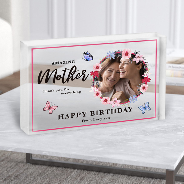 Amazing Mother Birthday Gift Floral Butterflies Photo Custom Clear Acrylic Block